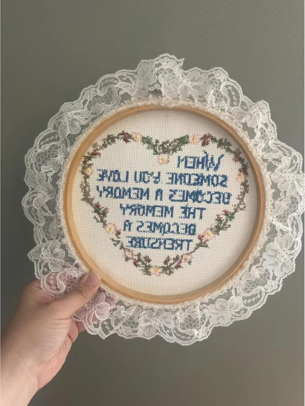 Vtg Handmade Cross Stitch Memorial Quote Wall Decor Lace Trim Embroidery Hoop